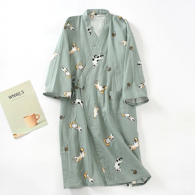 Men's Pajamas Robes Cotton Half Sleeve Blue White Colors Leaves Printing