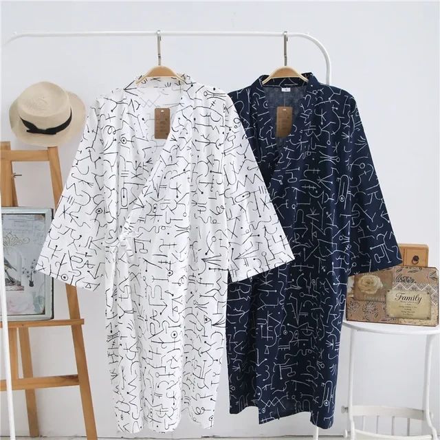 Men's Pajamas Robes Cotton Half Sleeve Blue White Colors Leaves Printing