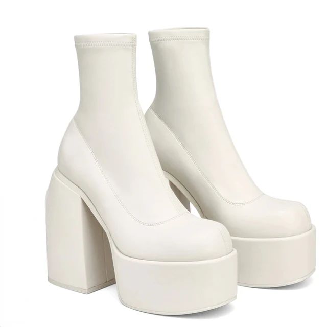Modern Boots Women Platform Heels Round Toe Leather Boot Chunky Heels