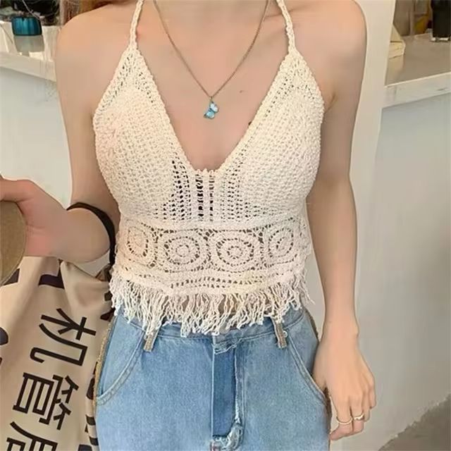 Sexy Knit Backless Short Crop Top for Women Lightweight Hollow Out Crochet