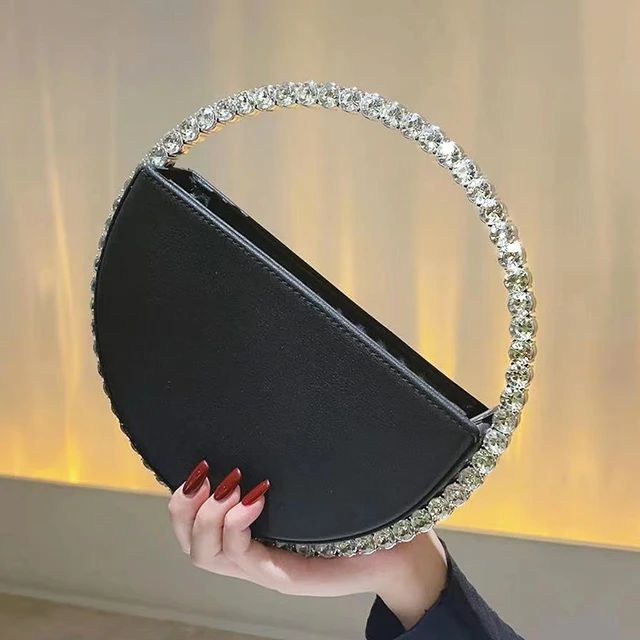 Rhinestone Round Ring Evening Bag Trendy Faux Leather Clutch Purse