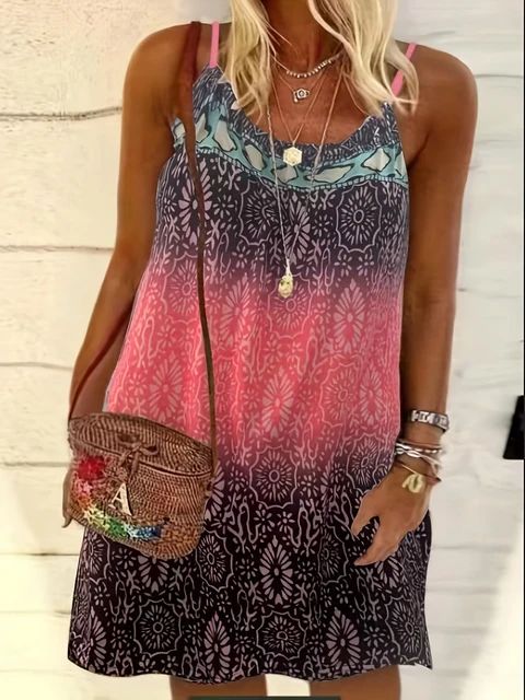 Summer New Fashion Women's Vintage Printed Casual Spaghetti Strap loose Dress Loose