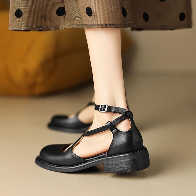 Women sandals natural leather 22-25cm cowhide+pigskin cross-tied buckle Mary Jane sandals