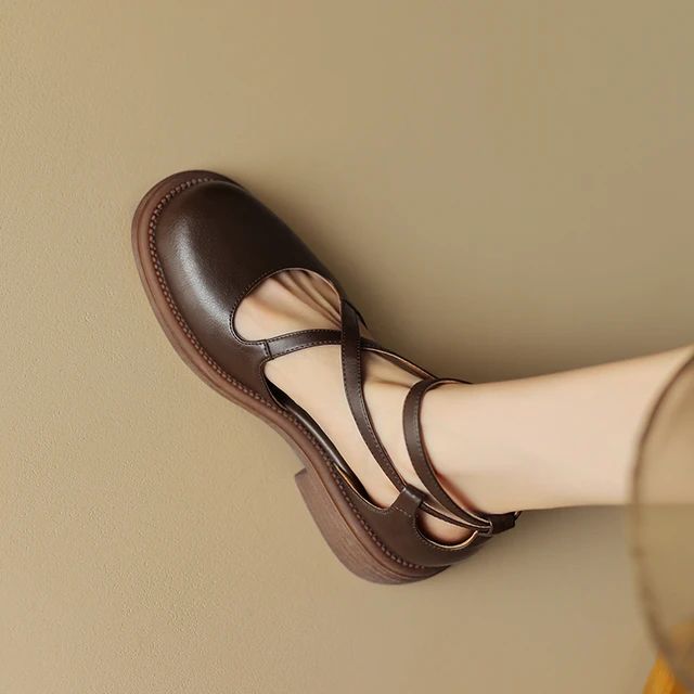 Women sandals natural leather 22-25cm cowhide+pigskin cross-tied buckle Mary Jane sandals
