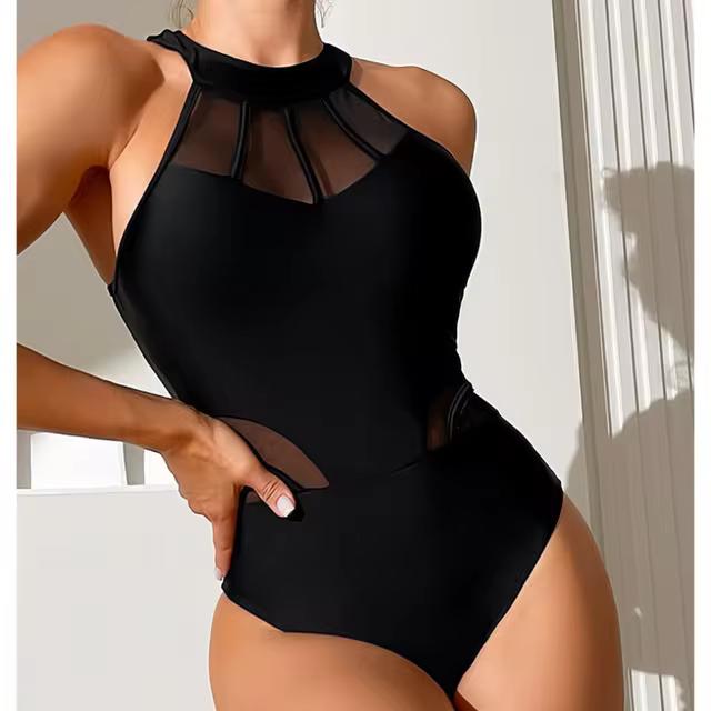 2024 Black Net Sexy One Piece Swimsuits Closed Women's Swimwear Push Up Swimming