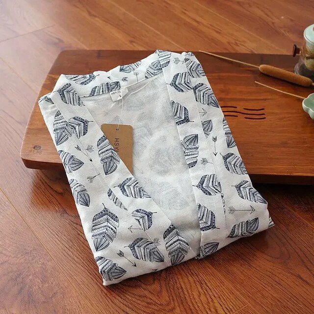Men's Pajamas Robes Cotton Half Sleeve Blue White Colors Leaves Printing