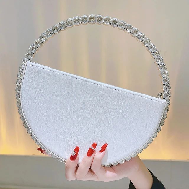 Rhinestone Round Ring Evening Bag Trendy Faux Leather Clutch Purse