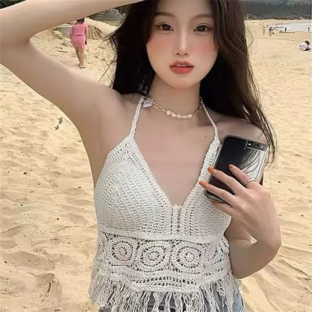 Sexy Knit Backless Short Crop Top for Women Lightweight Hollow Out Crochet