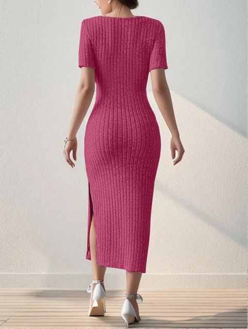 Summer dress, square collar, hip-hugging mid-length skirt, short sleeve, versatile
