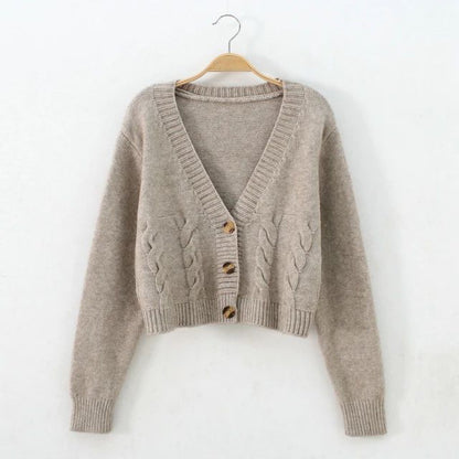 V Neck Cropped Cardigan Women Long Sleeve Twist Knitted Sweater Coats Autumn
