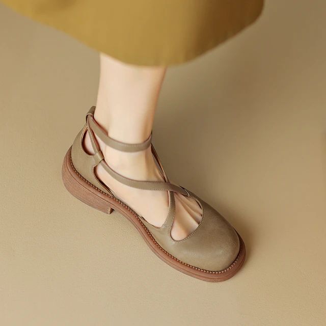 Women sandals natural leather 22-25cm cowhide+pigskin cross-tied buckle Mary Jane sandals