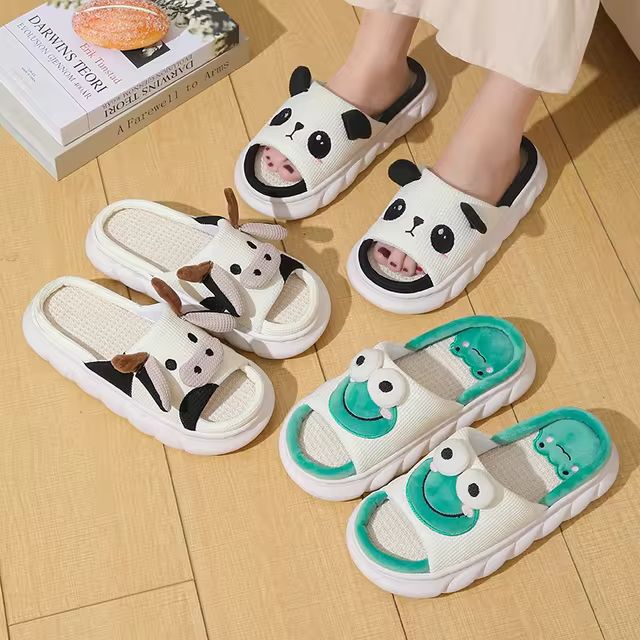 Cute Cartoon Cow Unisex Linen Slippers Spring Summer Slides Mule