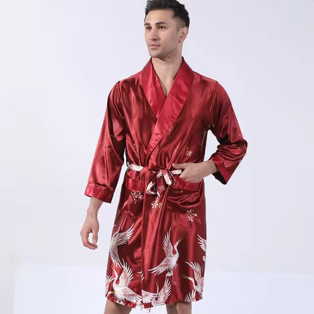 Men Kimono Bathrobe Gown Loose Nightwear Loungewear Silk Stain Home