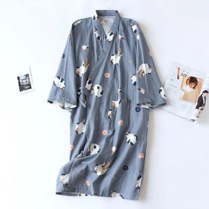 Men's Pajamas Robes Cotton Half Sleeve Blue White Colors Leaves Printing