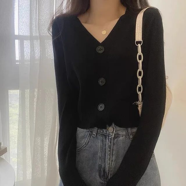 V Neck Cropped Cardigan Women Long Sleeve Twist Knitted Sweater Coats Autumn