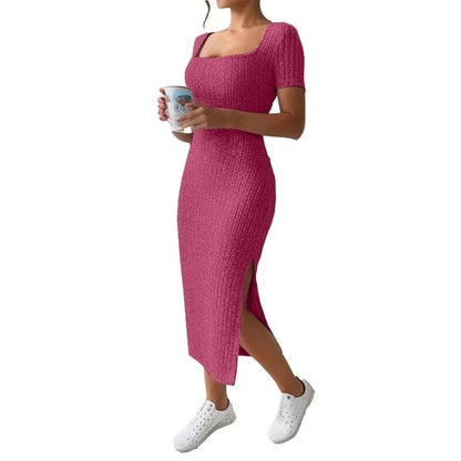 Summer dress, square collar, hip-hugging mid-length skirt, short sleeve, versatile