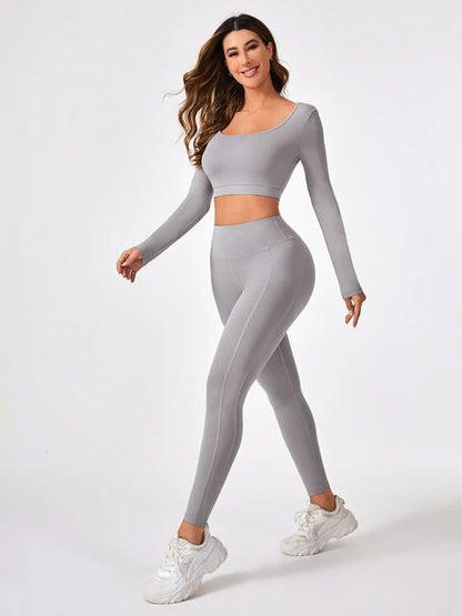 2 Pieces Long Sleeve Yoga Pilates Sports Suits Quick Dry Elastic Slim Fit