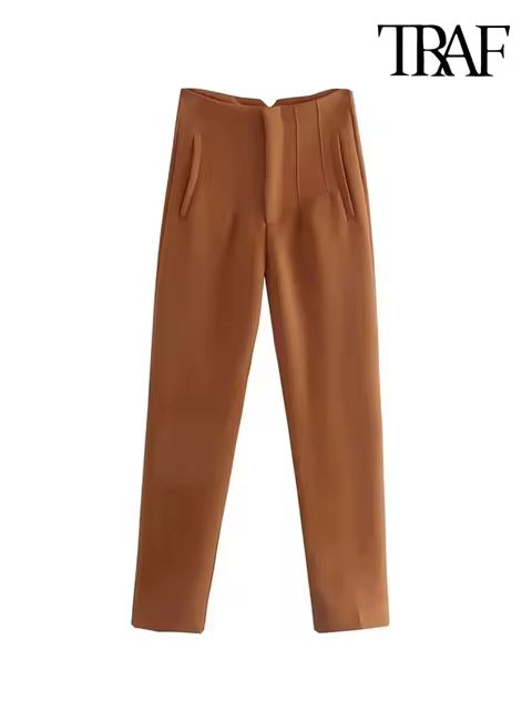 TRAF Women Fashion With Pockets Casual Basic Solid Pants Vintage High Waist