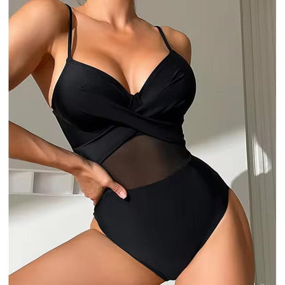 2024 Black Net Sexy One Piece Swimsuits Closed Women's Swimwear Push Up Swimming