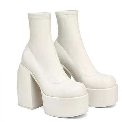 Modern Boots Women Platform Heels Round Toe Leather Boot Chunky Heels