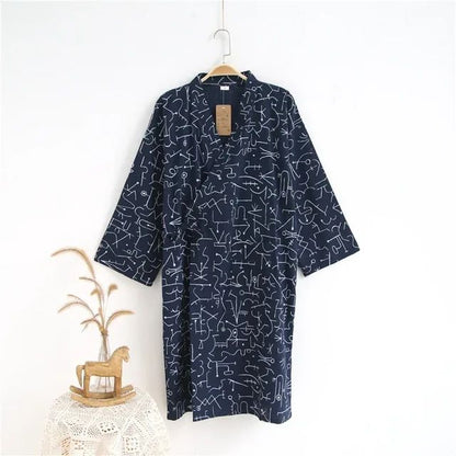 Men's Pajamas Robes Cotton Half Sleeve Blue White Colors Leaves Printing