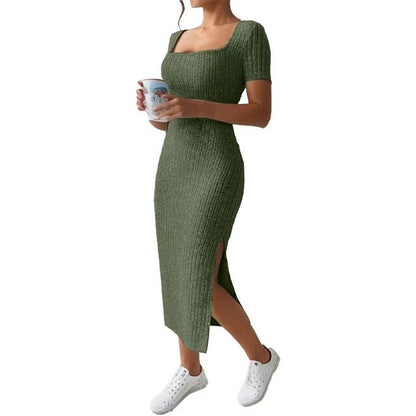 Summer dress, square collar, hip-hugging mid-length skirt, short sleeve, versatile