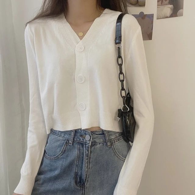 V Neck Cropped Cardigan Women Long Sleeve Twist Knitted Sweater Coats Autumn