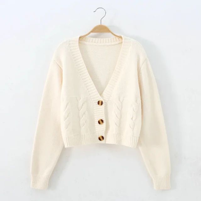 V Neck Cropped Cardigan Women Long Sleeve Twist Knitted Sweater Coats Autumn