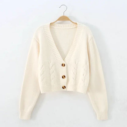 V Neck Cropped Cardigan Women Long Sleeve Twist Knitted Sweater Coats Autumn