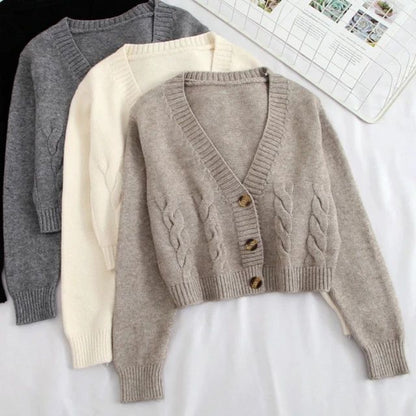 V Neck Cropped Cardigan Women Long Sleeve Twist Knitted Sweater Coats Autumn