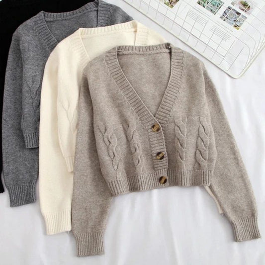 V Neck Cropped Cardigan Women Long Sleeve Twist Knitted Sweater Coats Autumn