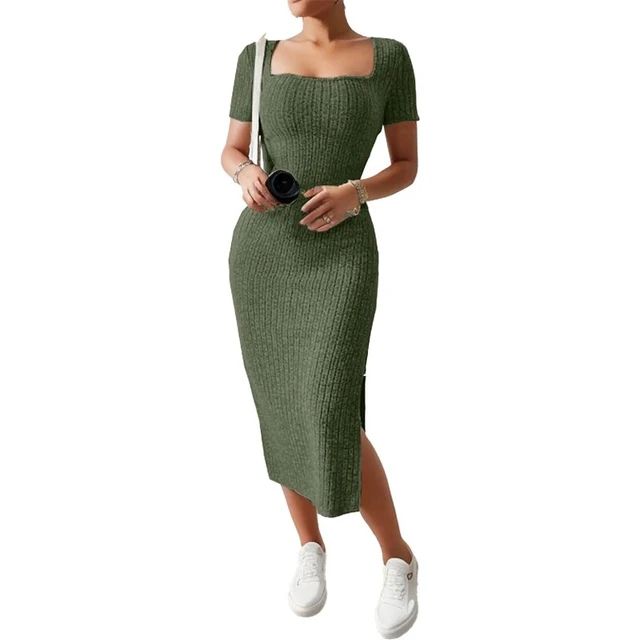 Summer dress, square collar, hip-hugging mid-length skirt, short sleeve, versatile
