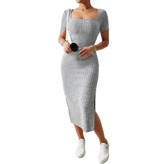 Summer dress, square collar, hip-hugging mid-length skirt, short sleeve, versatile