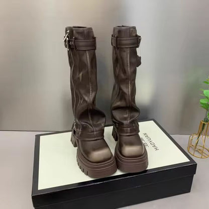Autumn Winter Women Flats Heel Women Long Boots High Quality Leather