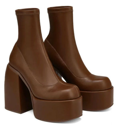 Modern Boots Women Platform Heels Round Toe Leather Boot Chunky Heels