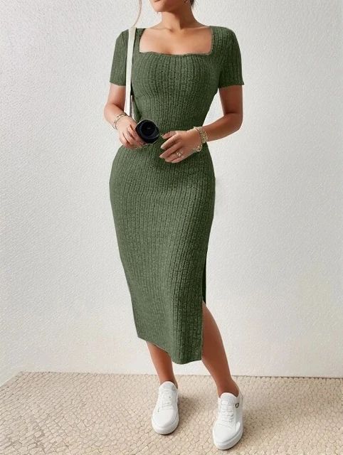 Summer dress, square collar, hip-hugging mid-length skirt, short sleeve, versatile