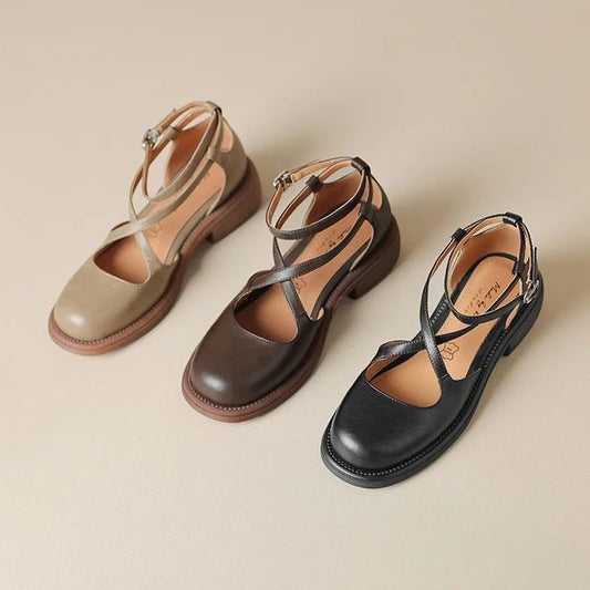 Women sandals natural leather 22-25cm cowhide+pigskin cross-tied buckle Mary Jane sandals