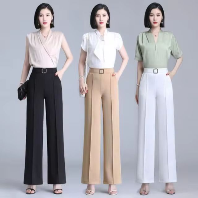 Spring Summer New Thin Ice Silk Wide Leg Pants Women Solid Elastic High