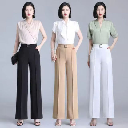 Spring Summer New Thin Ice Silk Wide Leg Pants Women Solid Elastic High