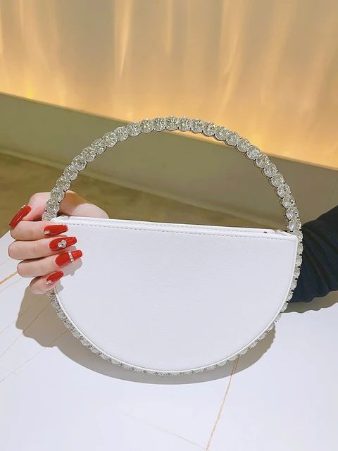 Rhinestone Round Ring Evening Bag Trendy Faux Leather Clutch Purse
