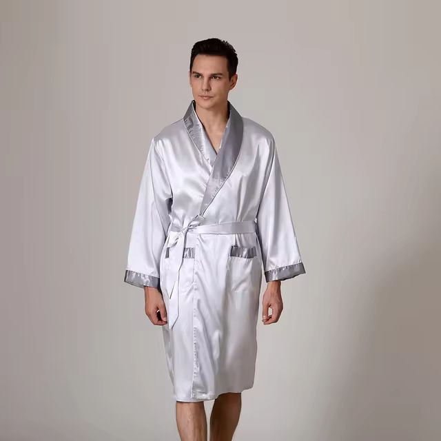 Men Kimono Bathrobe Gown Loose Nightwear Loungewear Silk Stain Home