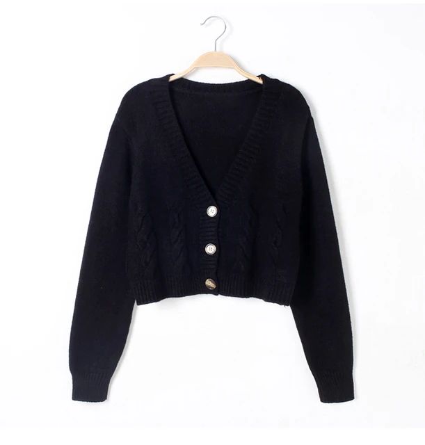 V Neck Cropped Cardigan Women Long Sleeve Twist Knitted Sweater Coats Autumn