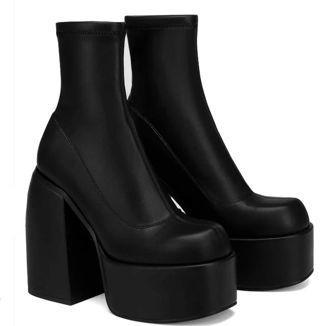Modern Boots Women Platform Heels Round Toe Leather Boot Chunky Heels