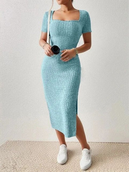 Summer dress, square collar, hip-hugging mid-length skirt, short sleeve, versatile