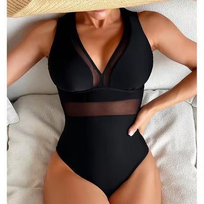 2024 Black Net Sexy One Piece Swimsuits Closed Women's Swimwear Push Up Swimming