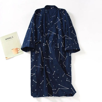 Men's Pajamas Robes Cotton Half Sleeve Blue White Colors Leaves Printing