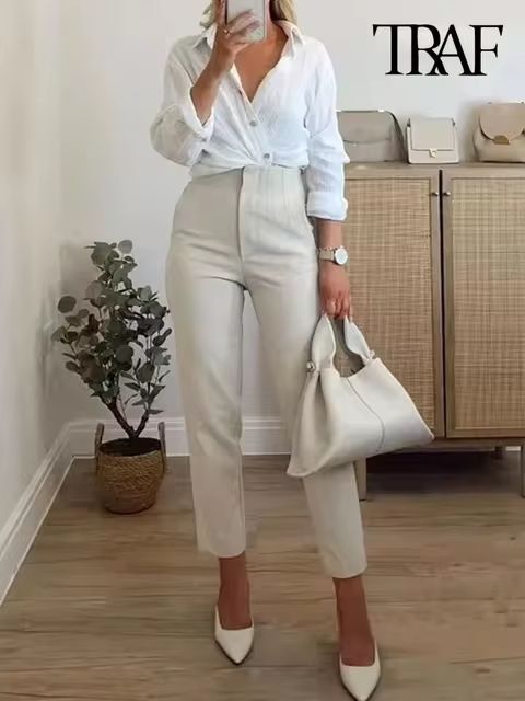 TRAF Women Fashion With Pockets Casual Basic Solid Pants Vintage High Waist