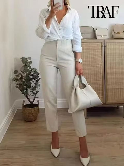 TRAF Women Fashion With Pockets Casual Basic Solid Pants Vintage High Waist