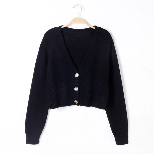 V Neck Cropped Cardigan Women Long Sleeve Twist Knitted Sweater Coats Autumn