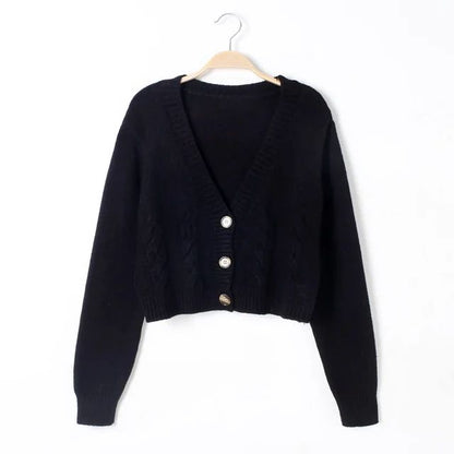 V Neck Cropped Cardigan Women Long Sleeve Twist Knitted Sweater Coats Autumn
